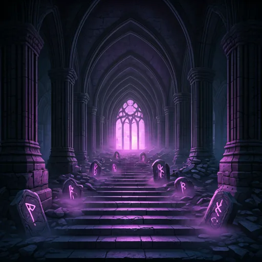 dark gothic fantasy ruins with crumbling stone arches submerged in a purple mist and glowing rune stones